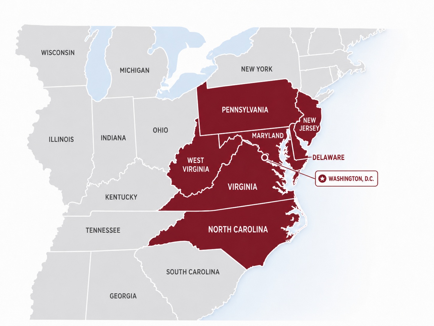 Map of IDM Trucking's Mid-Atlantic service area: Virginia, West Virginia, Maryland, Washington D.C., Delaware, Pennsylvania, New Jersey and North Carolina