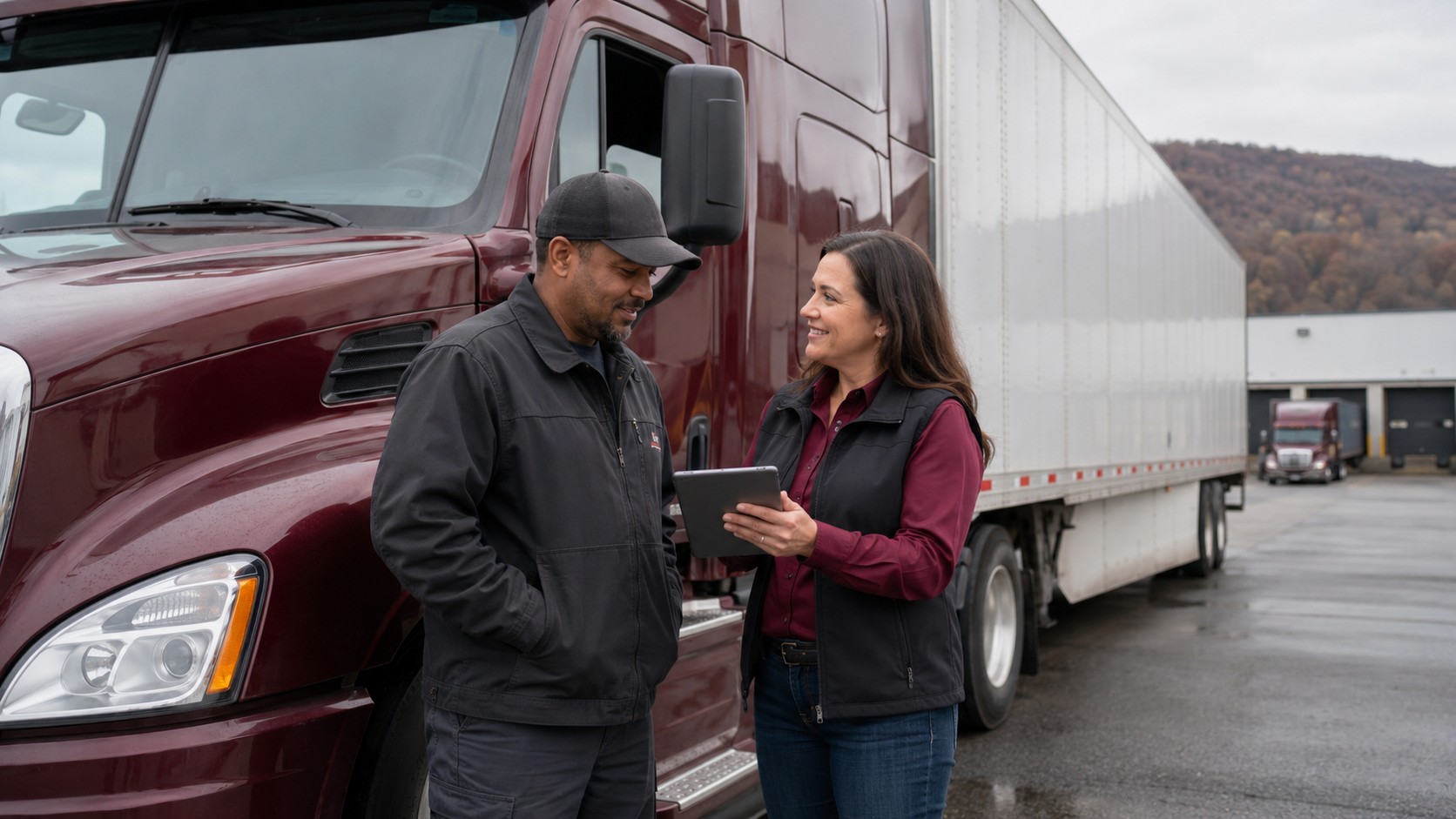 An IDM Trucking driver and dispatcher reviewing a load together beside a truck